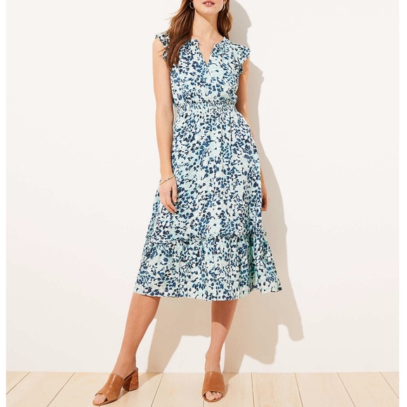 LOFT Dresses & Skirts - LOFT Plus Shimmer Floral Ruffle Sleeve Flare Dress